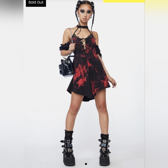 Dark In Love Dress Gothic Off Shoulder Choker Black Red Dye size L - Picture 1 of 11